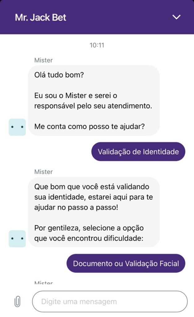 tela mostrando o atendimento ao cliente na Mr Jack Bet que funciona 24h por dia.