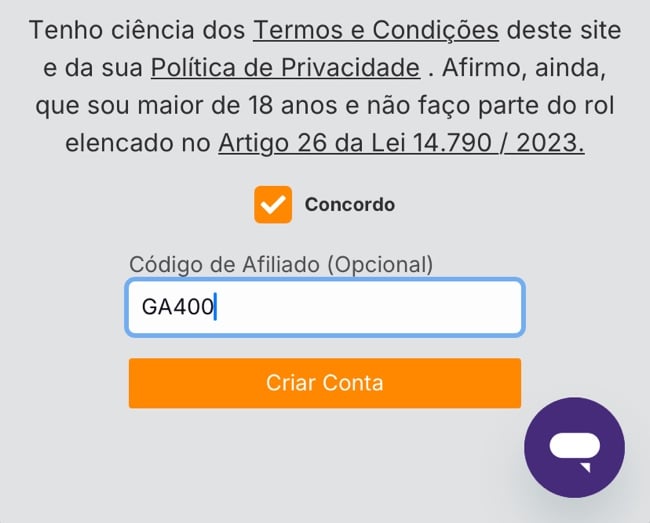 tela final de registro na Mr Jack Bet com op&ccedil;&atilde;o de adicionar o c&oacute;digo de afiliado.