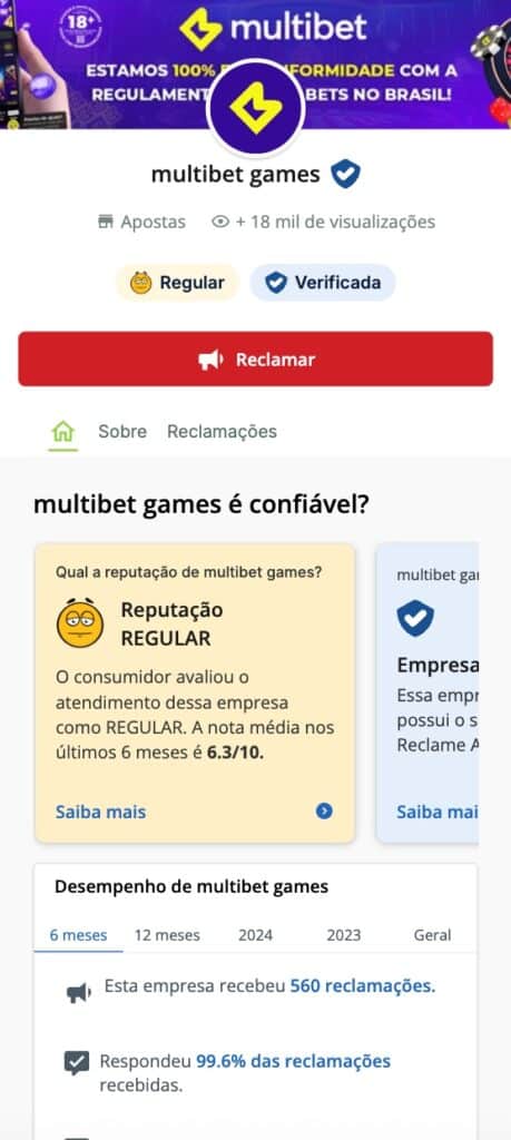 tela inicial da p&aacute;gina oficial da Multibet no Reclame Aqui.