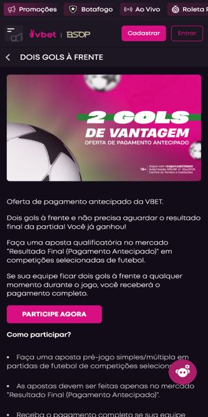 Imagem da promo&ccedil;&atilde;o de pagamento antecipado da VBet com 2 gols de vantagem para o futebol