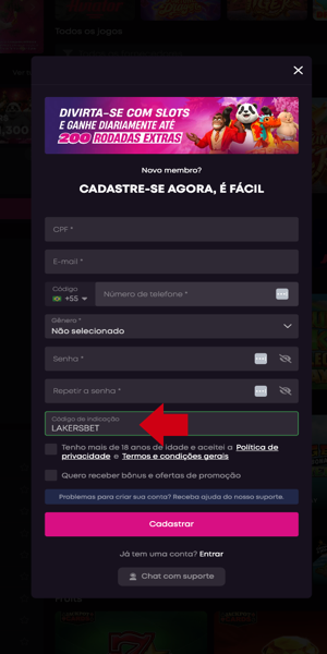 Imagem do processo de cadastro com campo para o c&oacute;digo de indica&ccedil;&atilde;o VBet