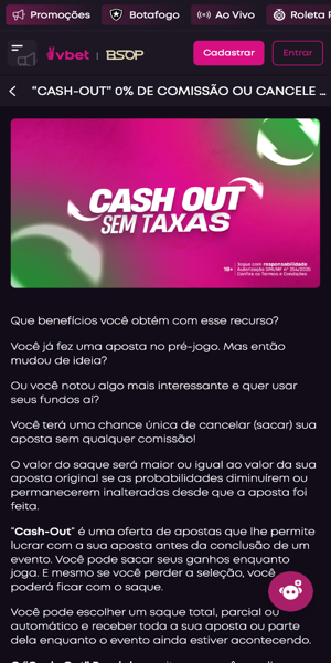 Imagem da oferta de cash out sem comiss&otilde;es para a plataforma