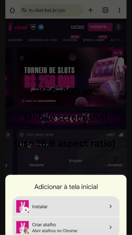 Tela para acessar a VBet com atalho no Android