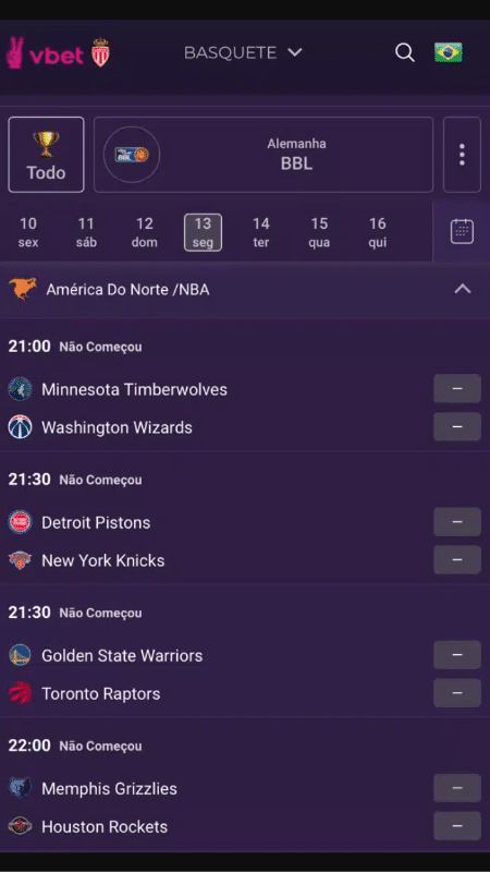 Tela com op&ccedil;&otilde;es de apostas esportivas na NBA na VBet