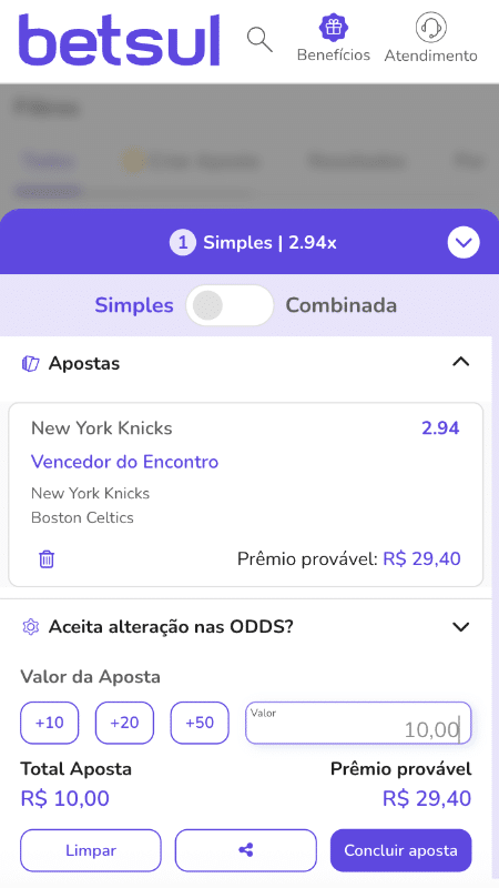 Exemplo de aposta na NBA no Betsul app