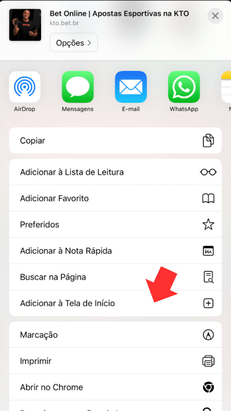 Tela com atalho para KTO apostas no iPhone