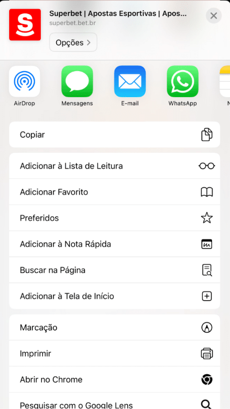 Tela com atalho para acessar a Superbet no iPhone