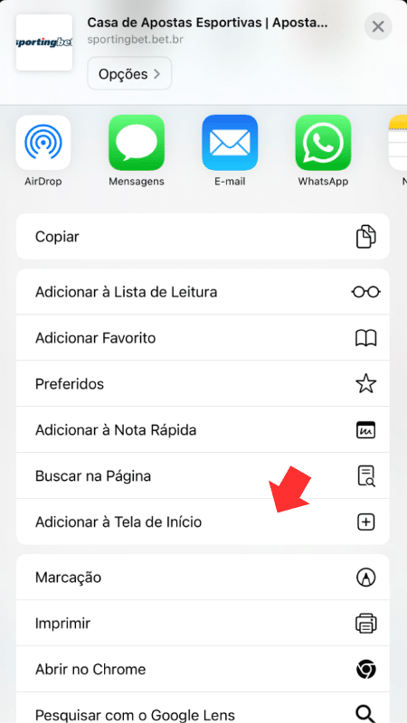 Atalho para utilizar o Sportingbet app no iPhone
