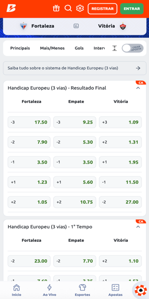 imagem com opções para handicap europeu com possibilidade de empate na Betano