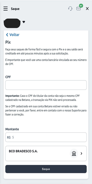 Tela com o processo para realizar um saque via Pix na Betano