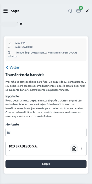Tela com processo de saque via transfer&ecirc;ncia banc&aacute;ria na Betano