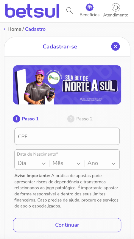 Tela com cadastro na Betsul