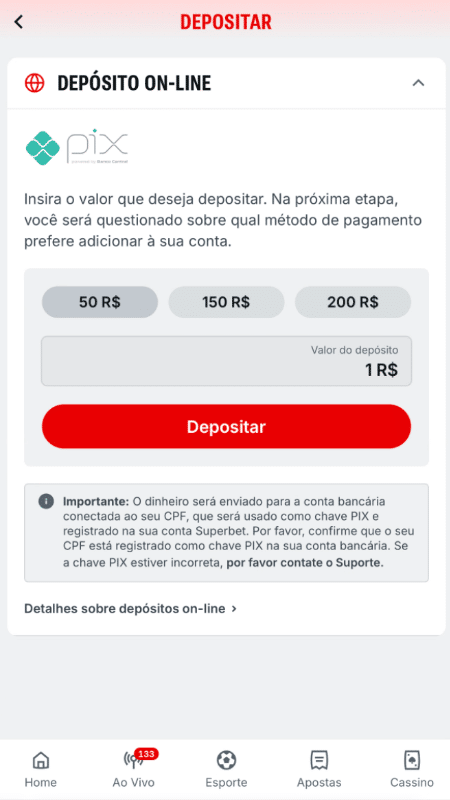 Tela com exemplo de dep&oacute;sito via Pix na Superbet