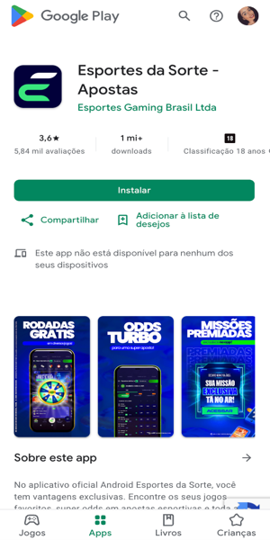 Imagem da opção de download do app da Esportes da Sorte na Play Store