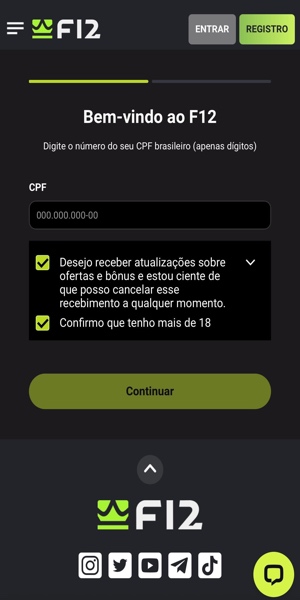 Imagem do início do processo de cadastro na F12 bet