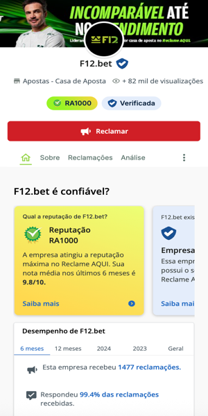 Imagem da p&aacute;gina oficial da F12 Bet no Reclame Aqui