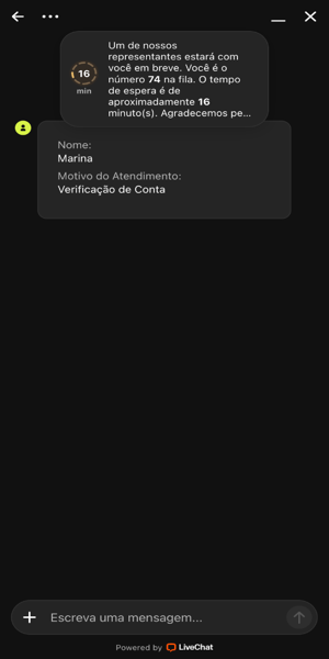 Imagem da tentativa de atendimento ao cliente via chat ao vivo