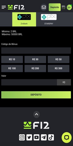 Imagem do processo de depósito via Pix na F12 Bet 
