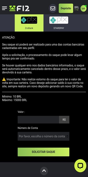 Imagem do processo de saque via Pix na F12 Bet
