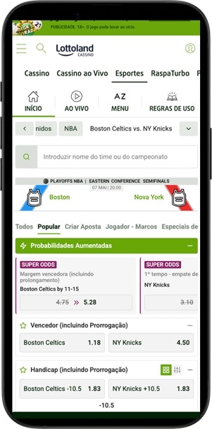 Tela com op&ccedil;&atilde;o de jogo da NBA com possibilidade de SuperOdds na Lottoland