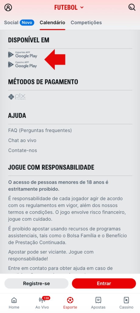 Imagem com a op&ccedil;&atilde;o de realizar download no link direto da p&aacute;gina inicial da Superbet