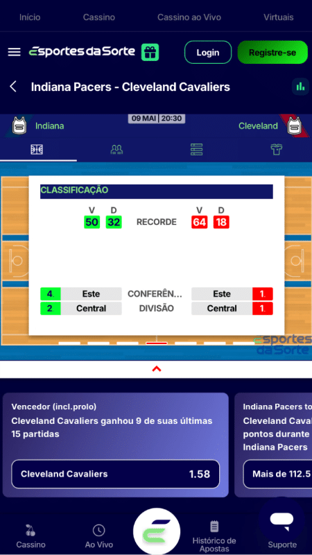 Tela com estatísticas dos jogos da NBA na Esportes da Sorte