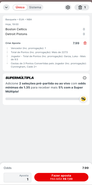 Imagem com o exemplo de aposta feita com Criar Aposta na NBA na Superbet