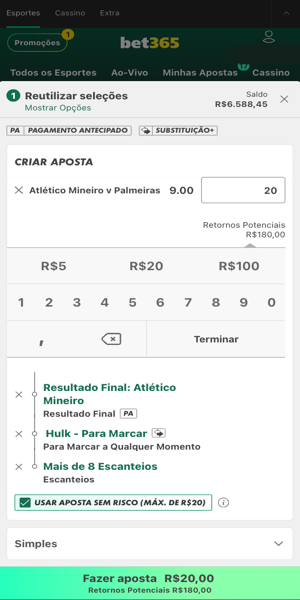 Imagem do bilhete de aposta com a possibilidade de ativar a oferta da Bet365 de aposta sem risco.