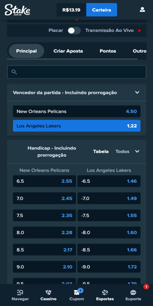 Imagem das opções de apostas para um jogo do Lakers, válido pela NBA