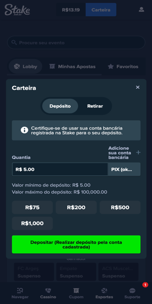imagem do início do processo de depósito via Pix na Stake