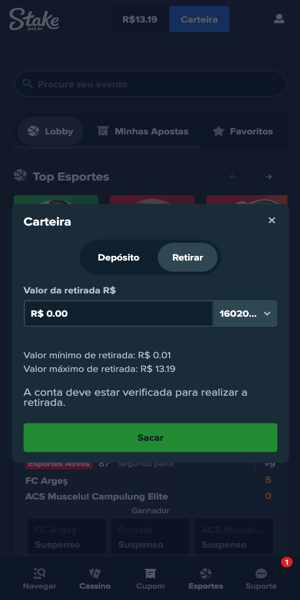 Imagem com o início do processo de saque na Stake