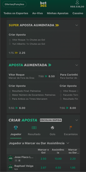Apostas aumentadas diárias disponíveis na Bet365
