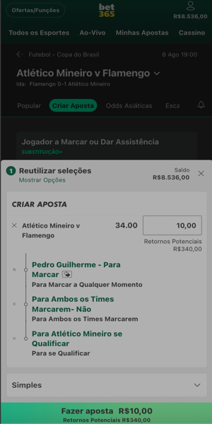 Ferramenta Criar Aposta disponível na Bet365