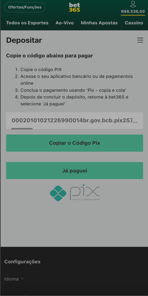Página de depósito via Pix da Bet365