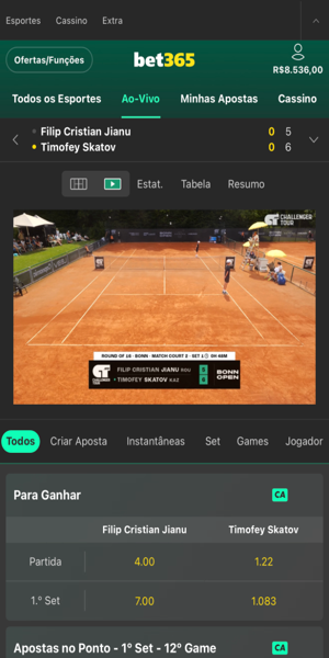 Livestreaming em jogo de tênis na Bet365