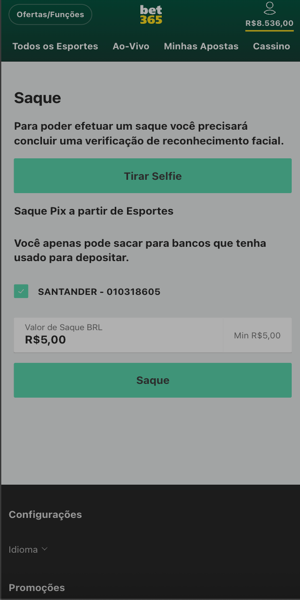 Página de solicitação de saque da Bet365