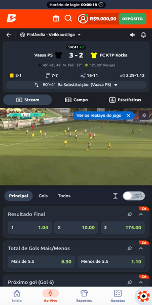 Tela do live streaming da Betano após cadastro