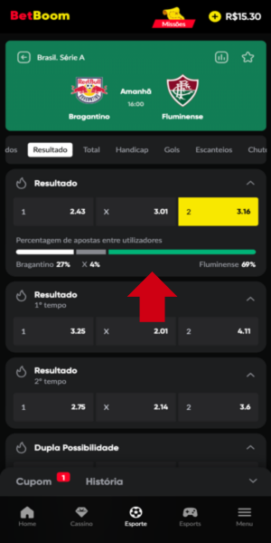 Imagem com porcentagem de apostas feitas para cada um dos times na partida Bragantino x Fluminense, válida pelo Brasileirão