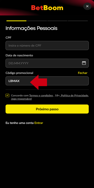 Como inserir código promocional Betboom LBMAX no cadastro