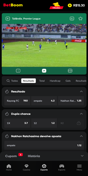 Tela com transmissão ao vivo de futebol na Betboom