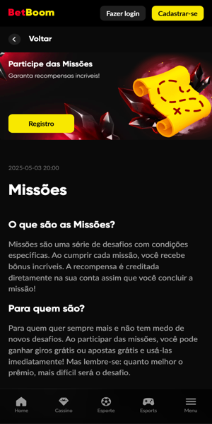 Imagem sobre a promoções Missões da Betboom