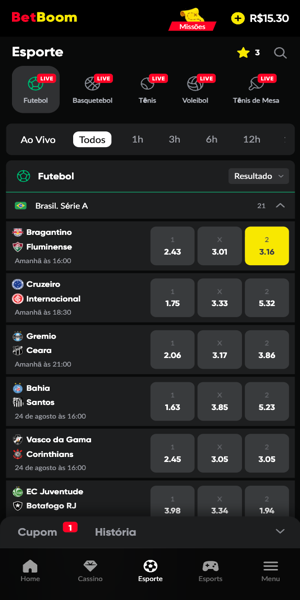 Tela com opções de apostas para o futebol na Betboom