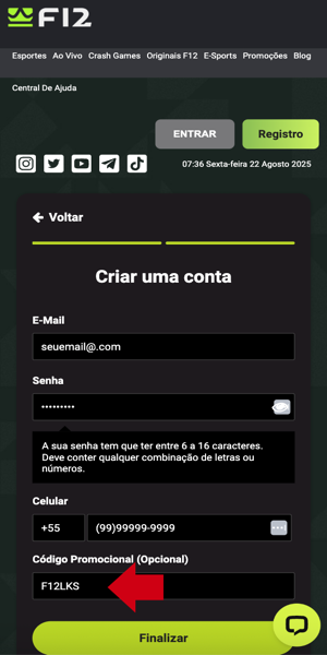 Tela com passo a passo do registro e como utilizar o código promocional F12.Bet