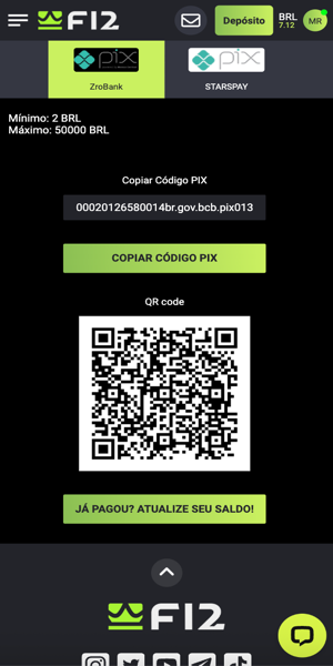 Tela com processo de depósito via Pix na F12.Bet