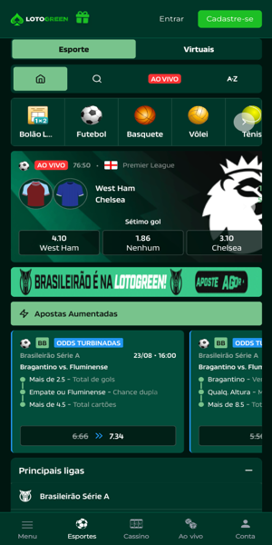 Imagem com opções de apostas na página inicial da Lotogreen