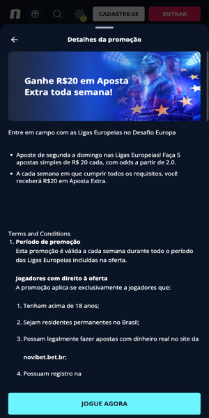 Imagem com detalhes da promoção "Desafio Europa" na Novibet.