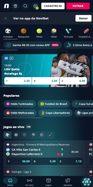 Tela com página inicial da Novibet com apostas esportivas