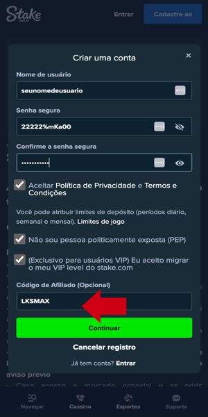 Tela com passo de registro com o código Stake