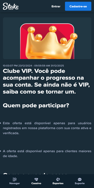 Imagem sobre o Clube VIP da Stake, diversas vantagens conforme o seu nível