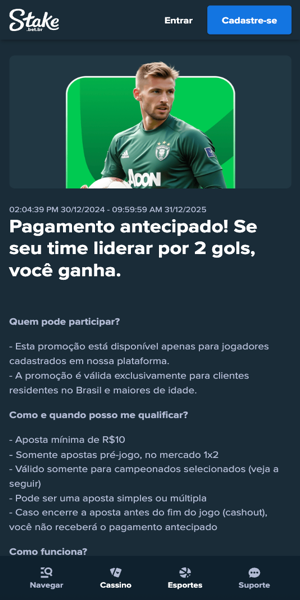 Imagem sobre a promoção pagamento antecipado com o código Stake